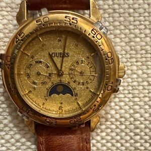 Early 90s Guess Gold-Tone Moonphase Chronograph Watch with Brown Strap